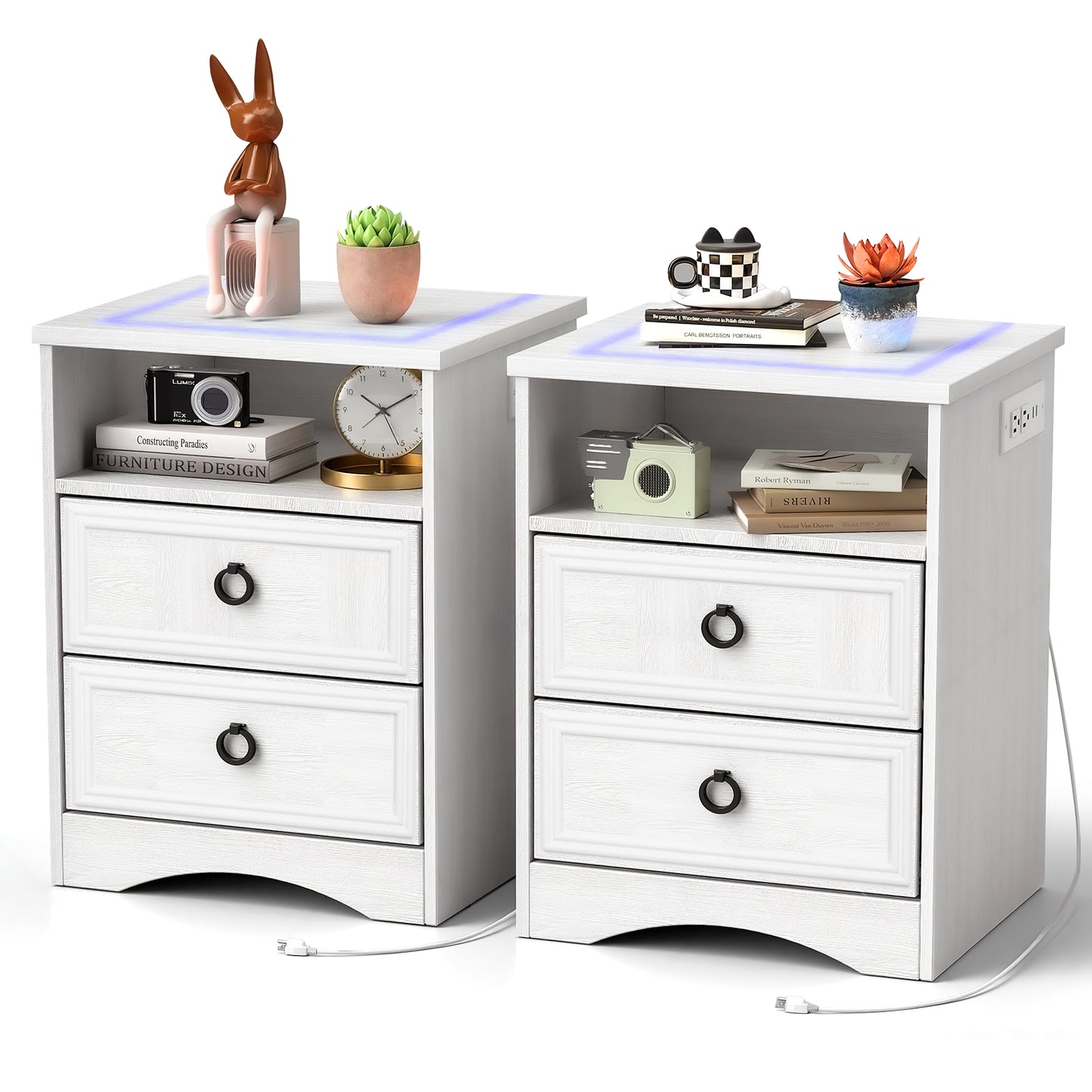 Nightstand Set of 2 with Charging Outlets & LED light, Bedside Table with 2 Drawers