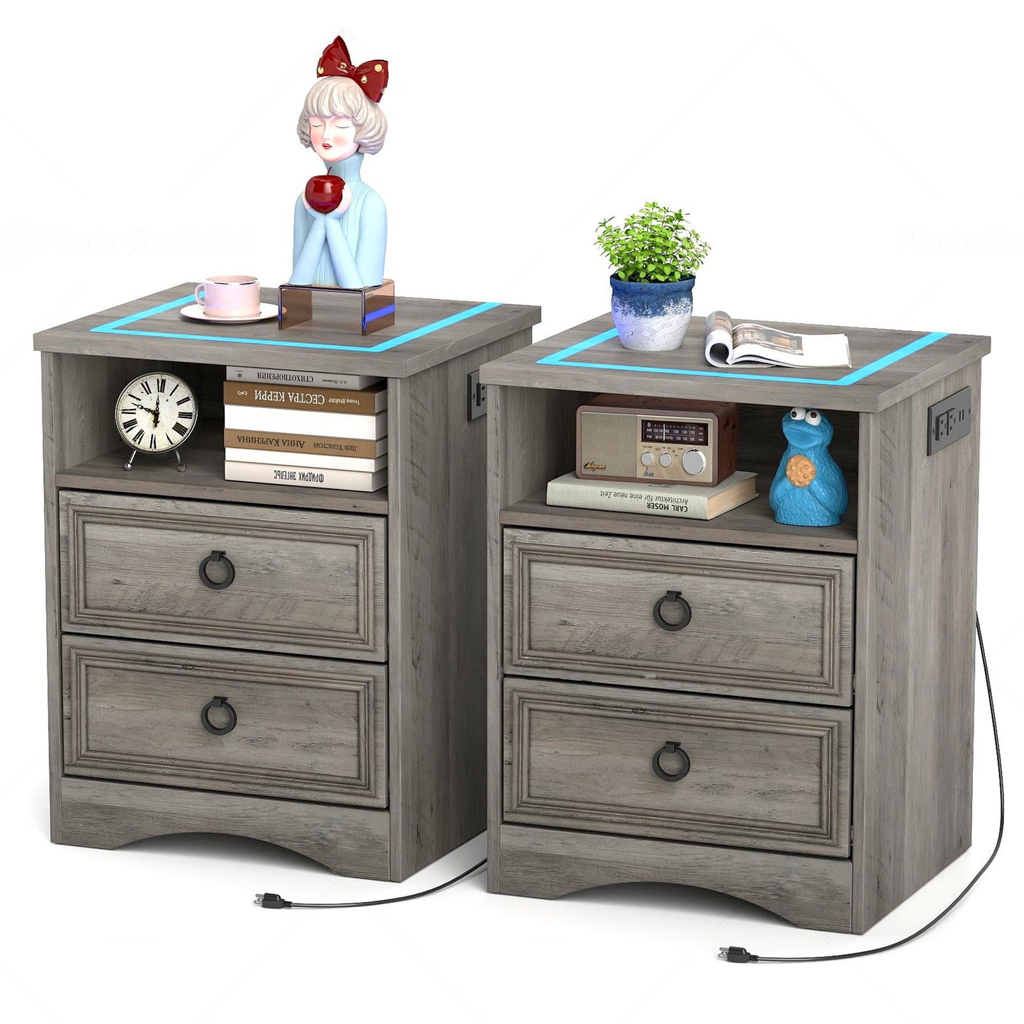 Nightstand Set of 2 with Charging Outlets & LED light, Bedside Table with 2 Drawers