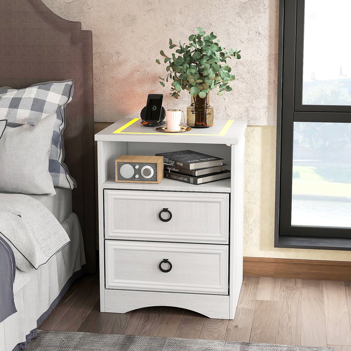 Nightstand Set of 2 with Charging Outlets & LED light, Bedside Table with 2 Drawers