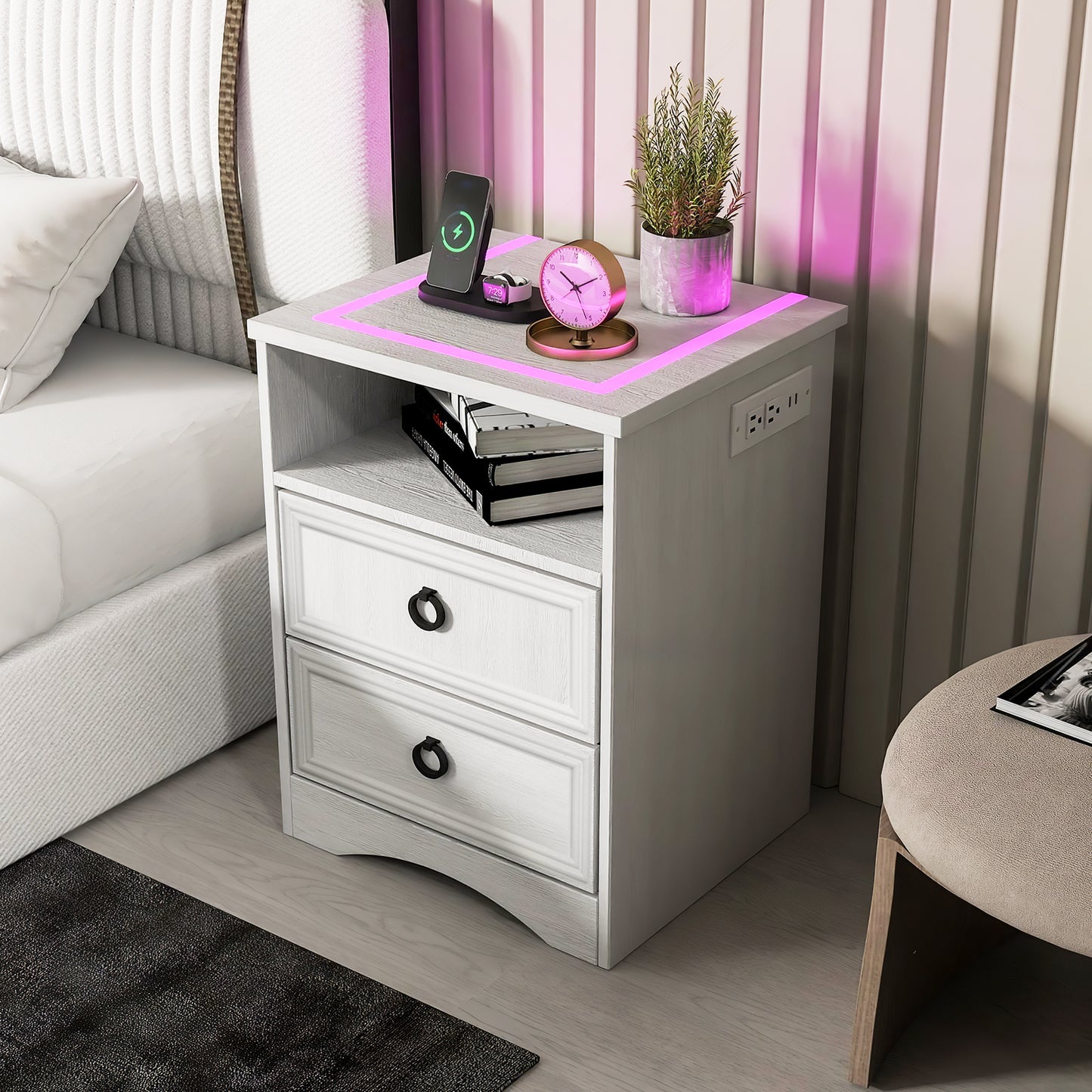 Nightstand Set of 2 with Charging Outlets & LED light, Bedside Table with 2 Drawers