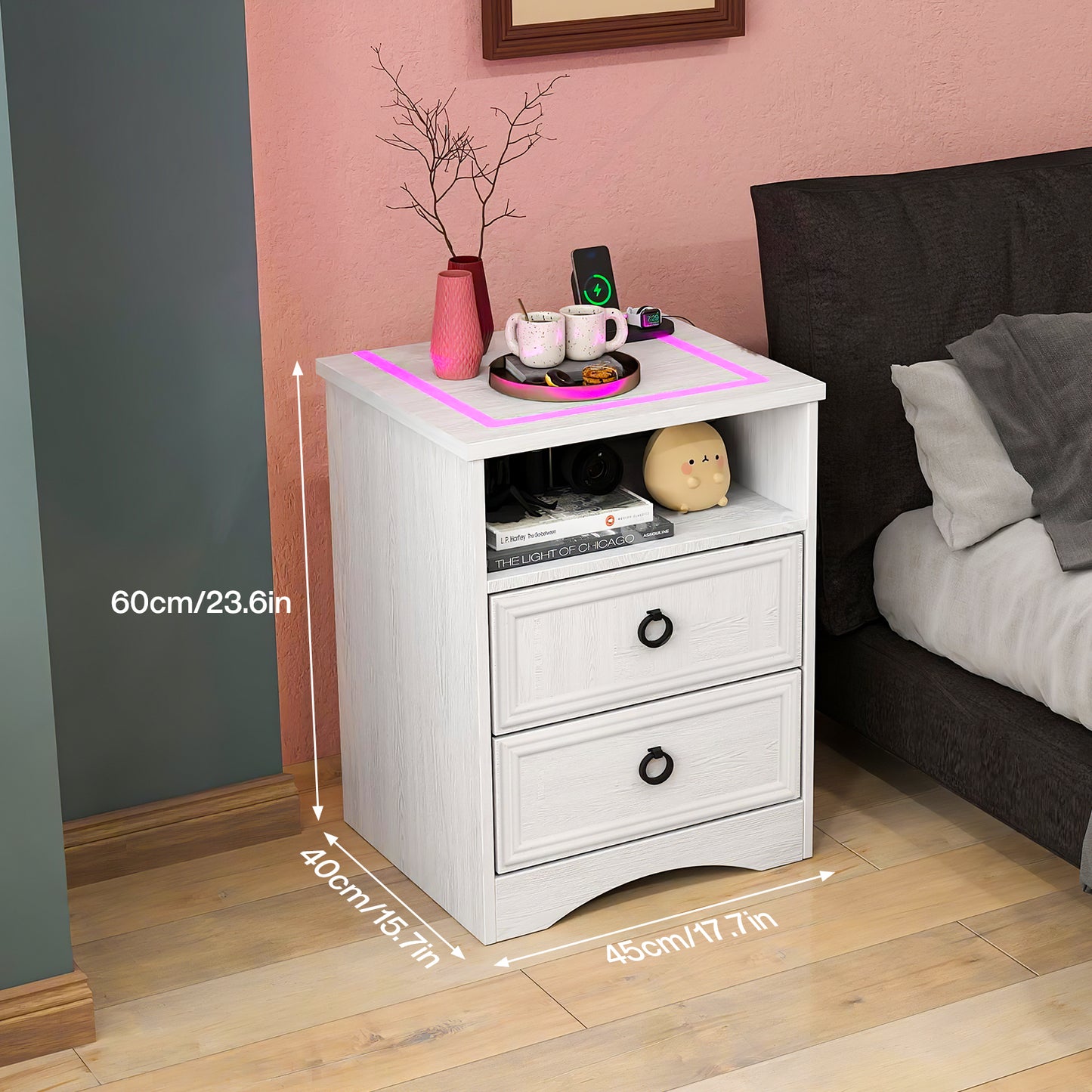 Nightstand Set of 2 with Charging Outlets & LED light, Bedside Table with 2 Drawers