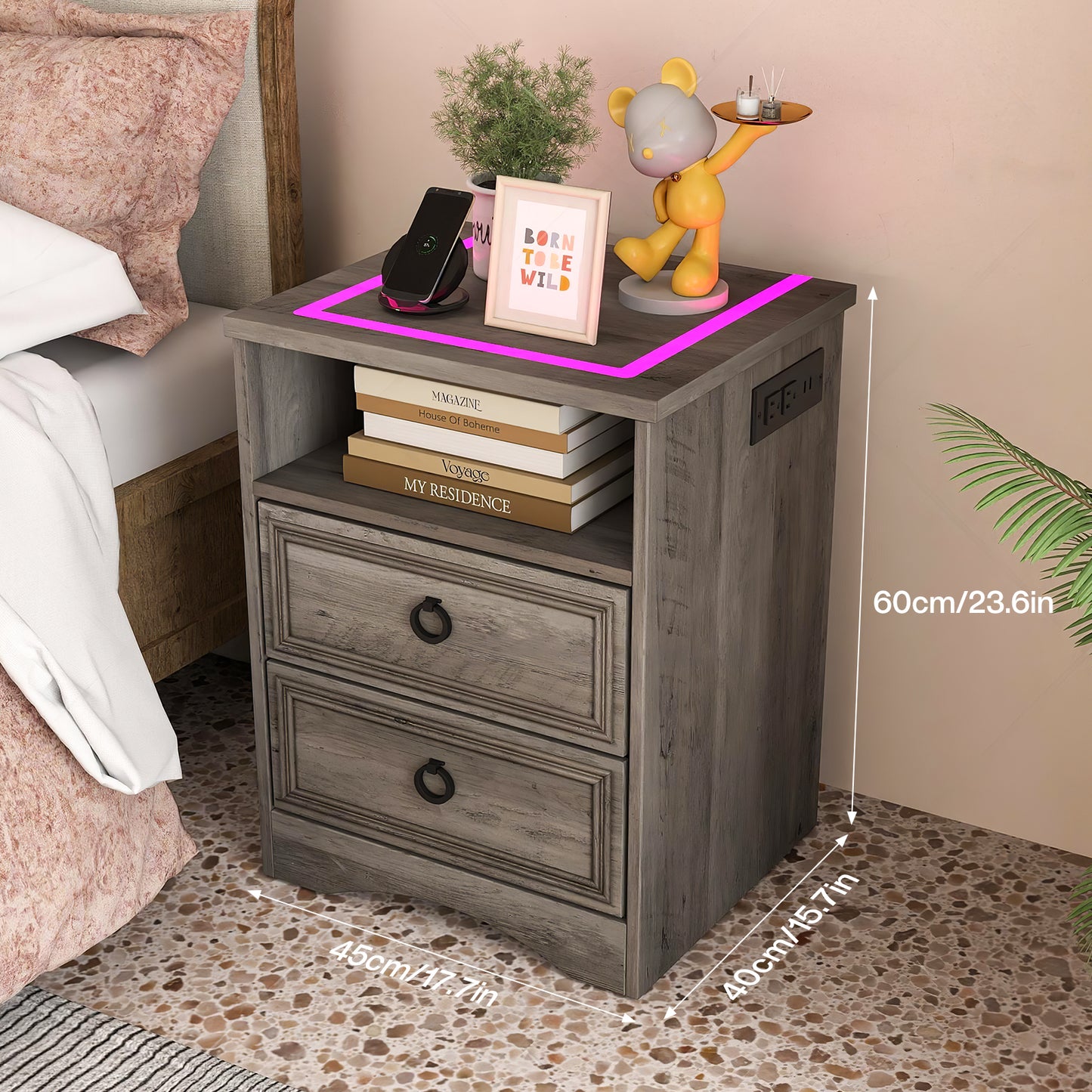 Nightstand Set of 2 with Charging Outlets & LED light, Bedside Table with 2 Drawers