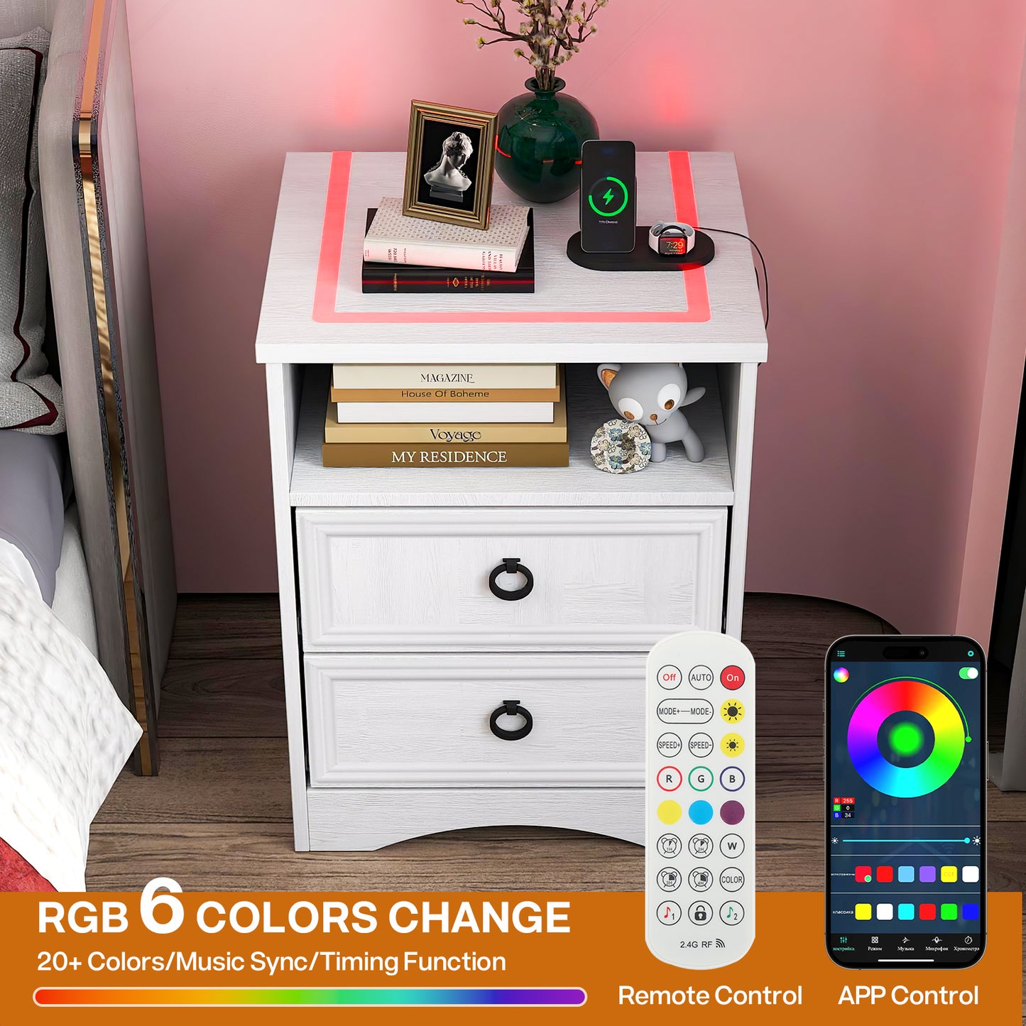 Nightstand Set of 2 with Charging Outlets & LED light, Bedside Table with 2 Drawers