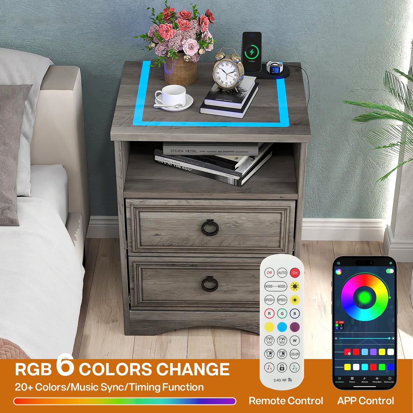 Nightstand Set of 2 with Charging Outlets & LED light, Bedside Table with 2 Drawers