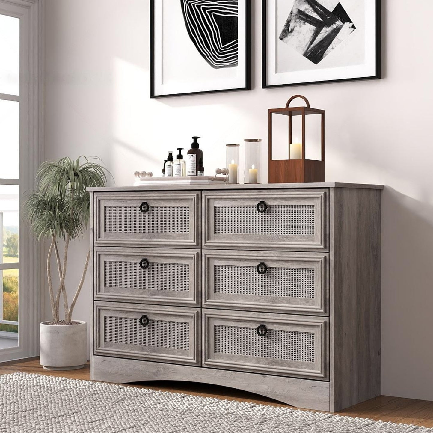 Dresser for Bedroom, Rattan 6 Drawer Dresser, Wide Chest of Drawers