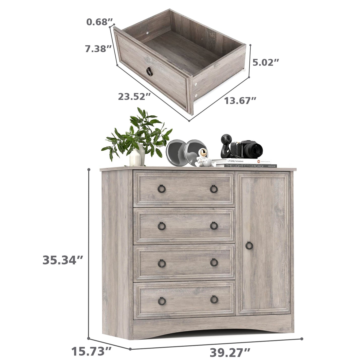 Modern 4 Drawer Dresser for Bedroom with Door, Chest of Drawers, Gray