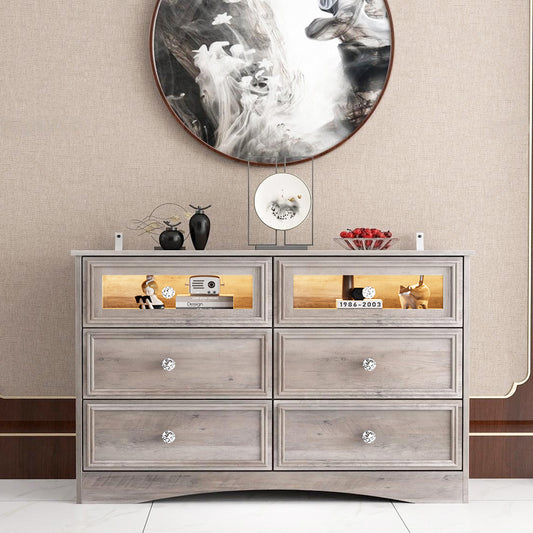 6 Drawer Gray Double Dresser with LED Lights, Modern Wood Chest of Drawers for Bedroom, Living Room