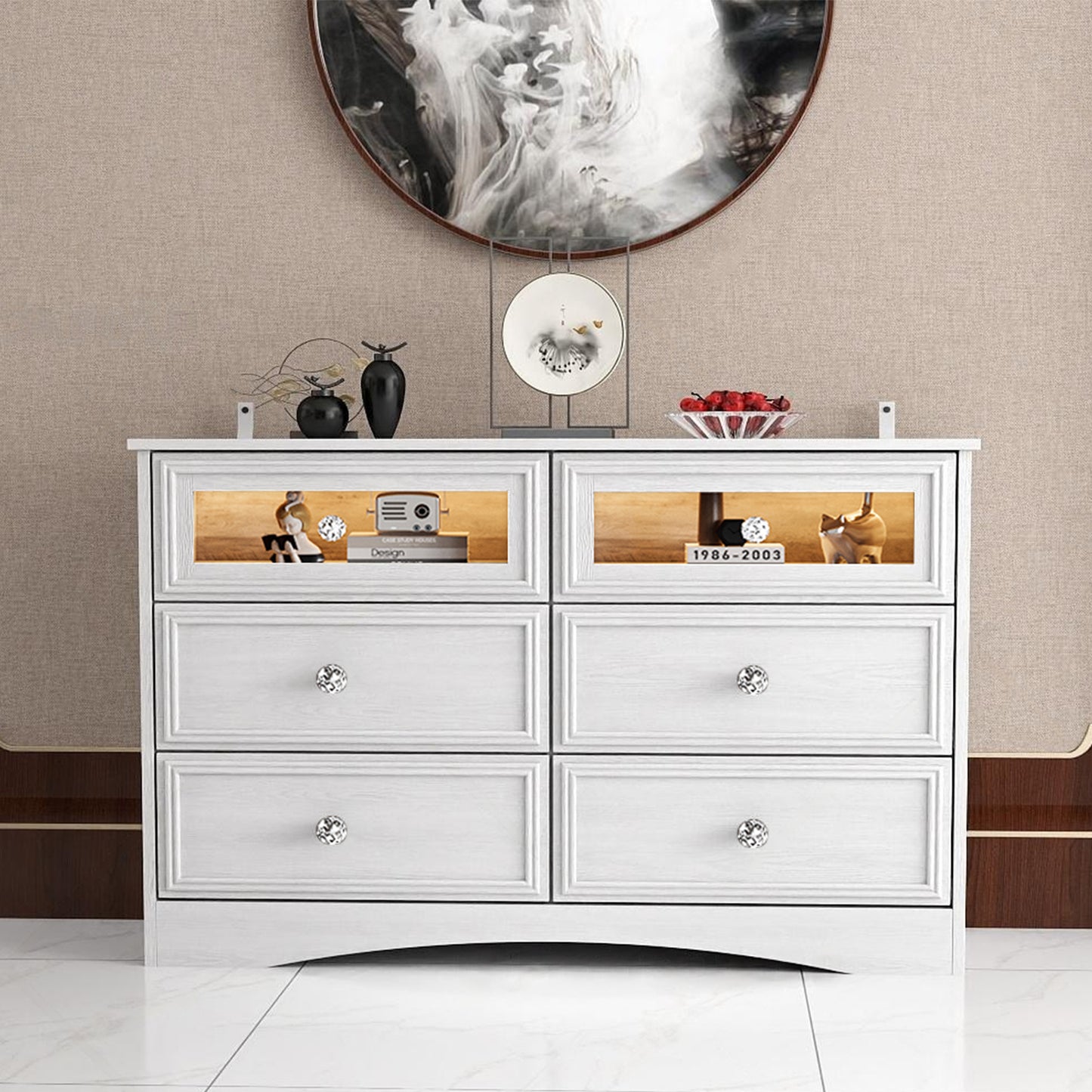 6 Drawer Gray Double Dresser with LED Lights, Modern Wood Chest of Drawers for Bedroom, Living Room