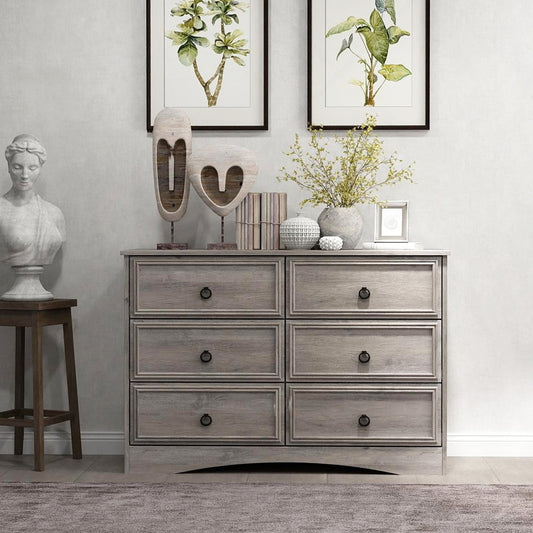 6 Drawer Gray Double Dresser, Modern Wood Chest of Drawers for Bedroom, Living Room, Closet, Hallway