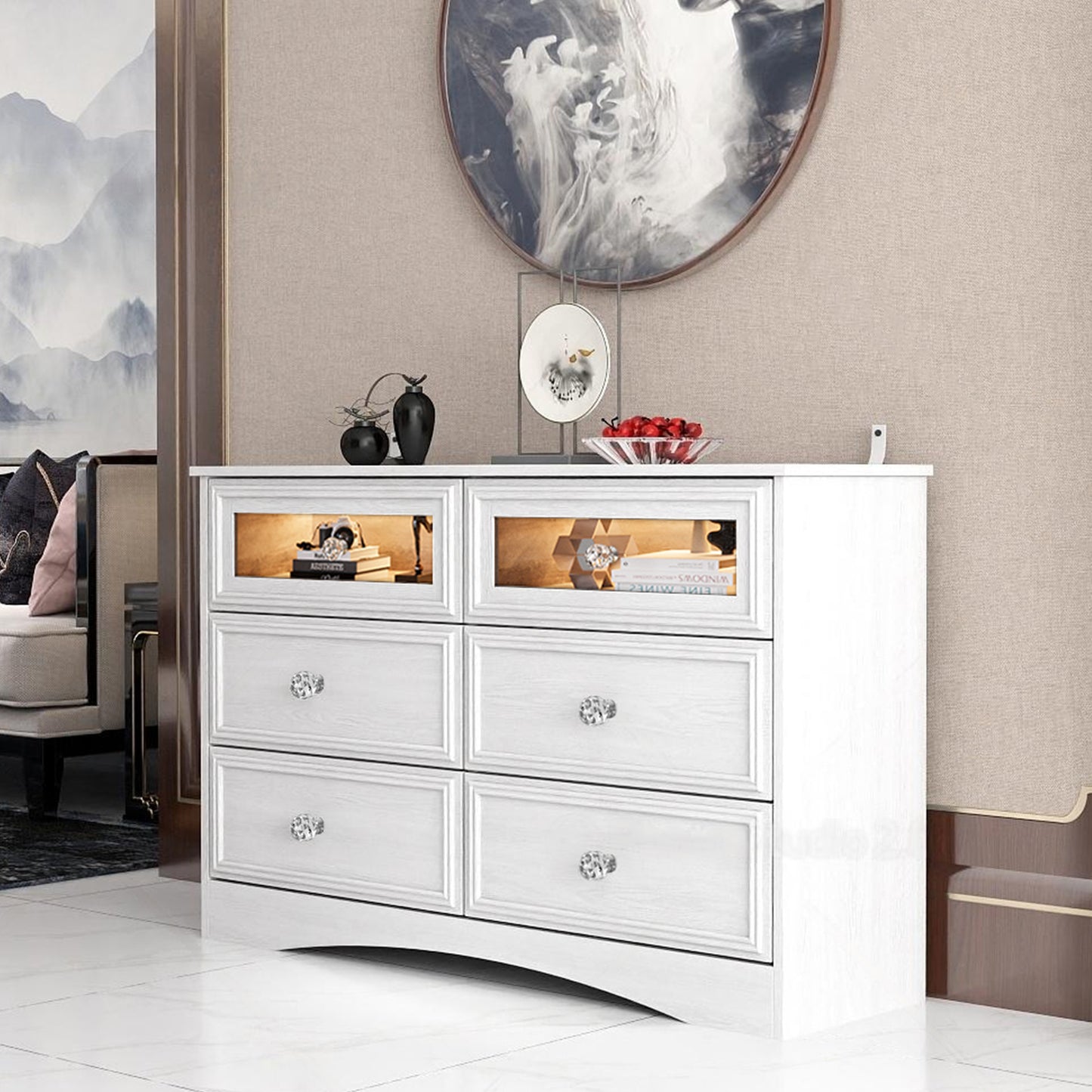 6 Drawer Gray Double Dresser with LED Lights, Modern Wood Chest of Drawers for Bedroom, Living Room