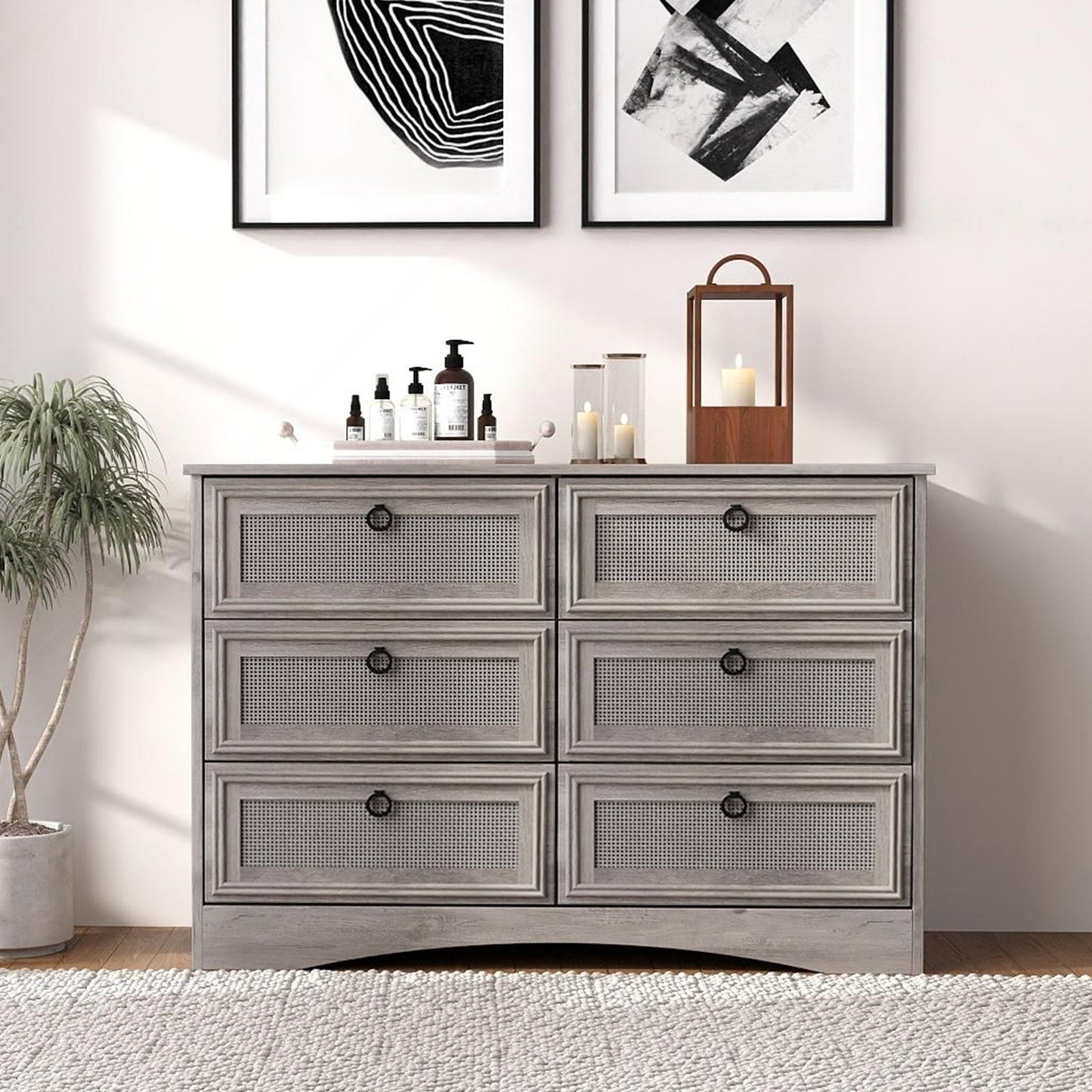 Dresser for Bedroom, Rattan 6 Drawer Dresser, Wide Chest of Drawers