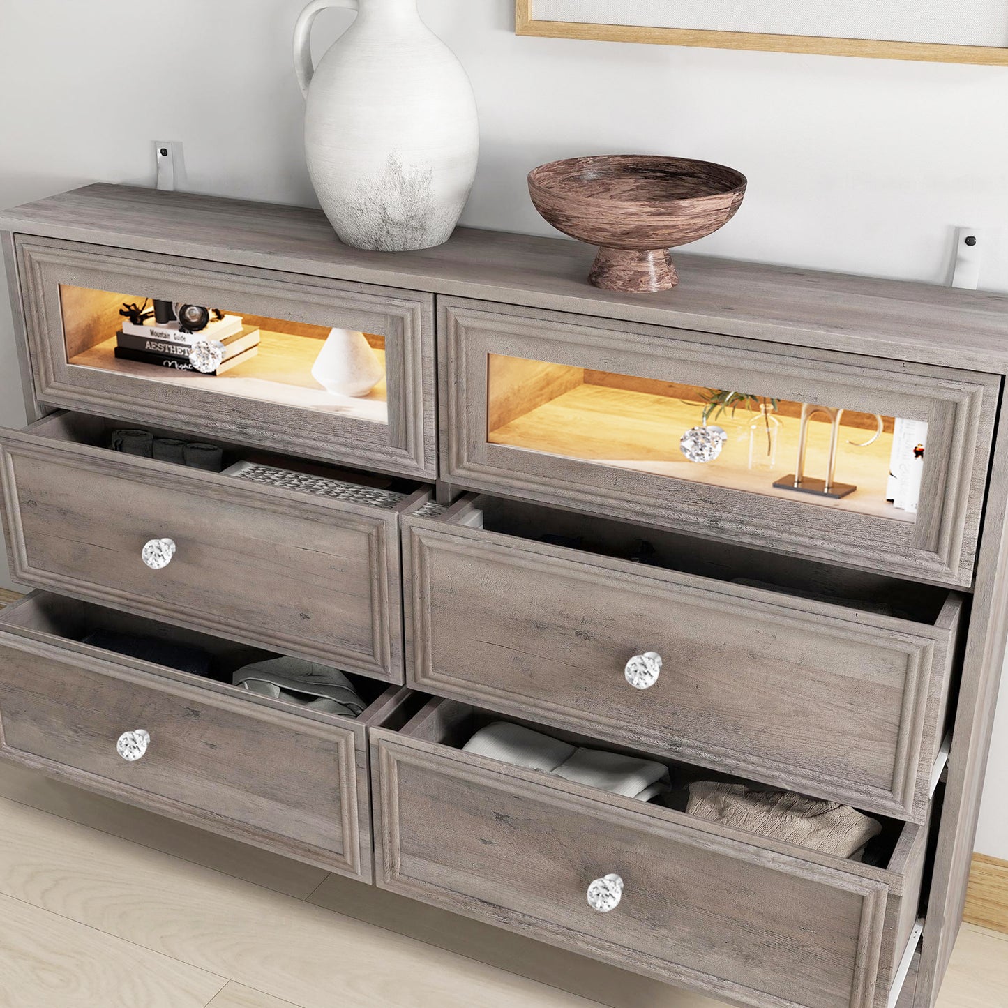 6 Drawer Gray Double Dresser with LED Lights, Modern Wood Chest of Drawers for Bedroom, Living Room