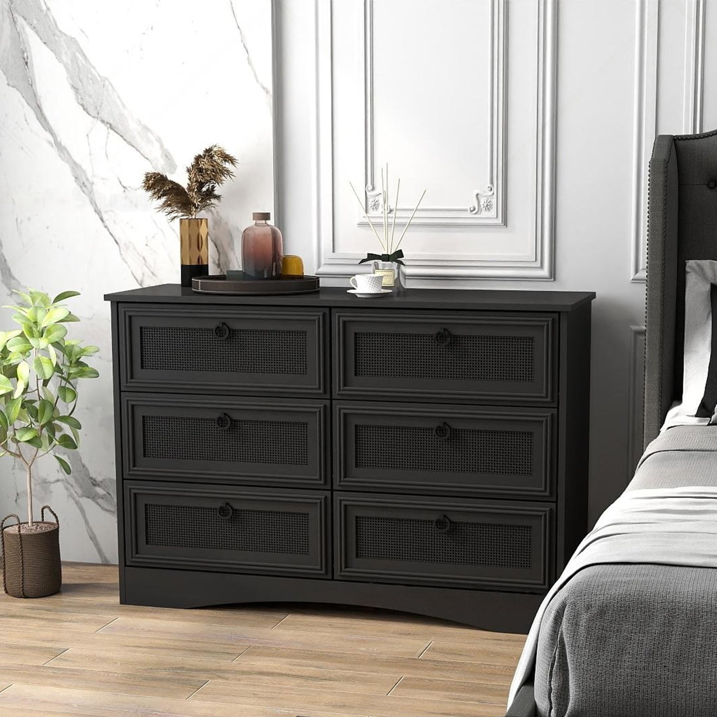 Dresser for Bedroom, Rattan 6 Drawer Dresser, Wide Chest of Drawers