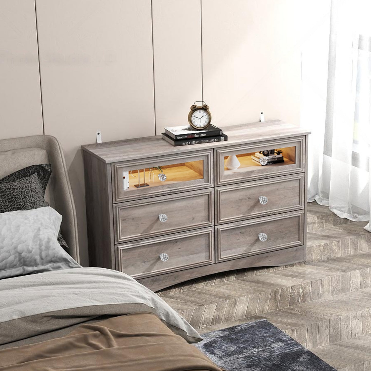 6 Drawer Gray Double Dresser with LED Lights, Modern Wood Chest of Drawers for Bedroom, Living Room