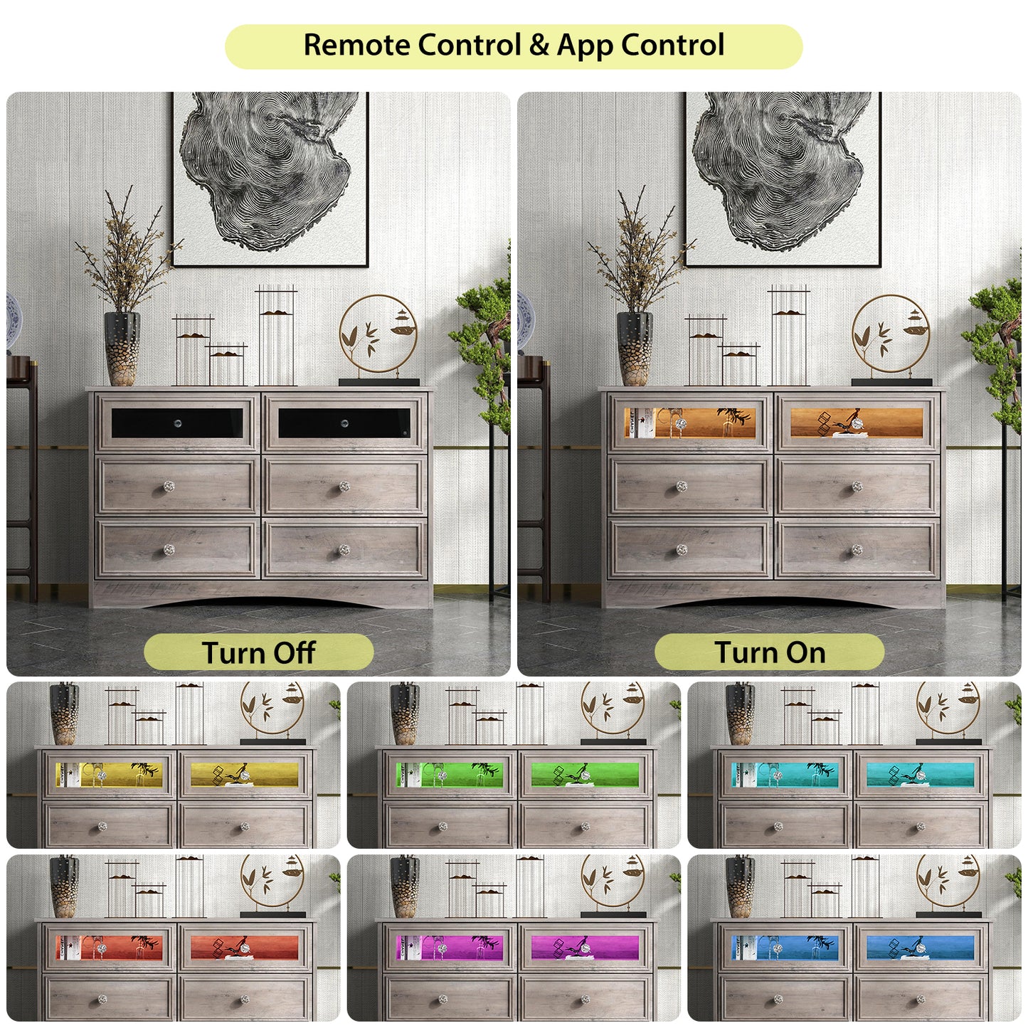 6 Drawer Gray Double Dresser with LED Lights, Modern Wood Chest of Drawers for Bedroom, Living Room