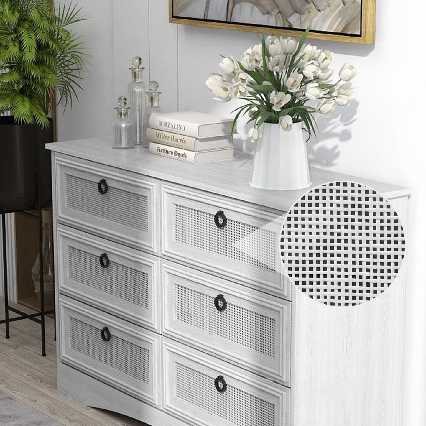 Dresser for Bedroom, Rattan 6 Drawer Dresser, Wide Chest of Drawers