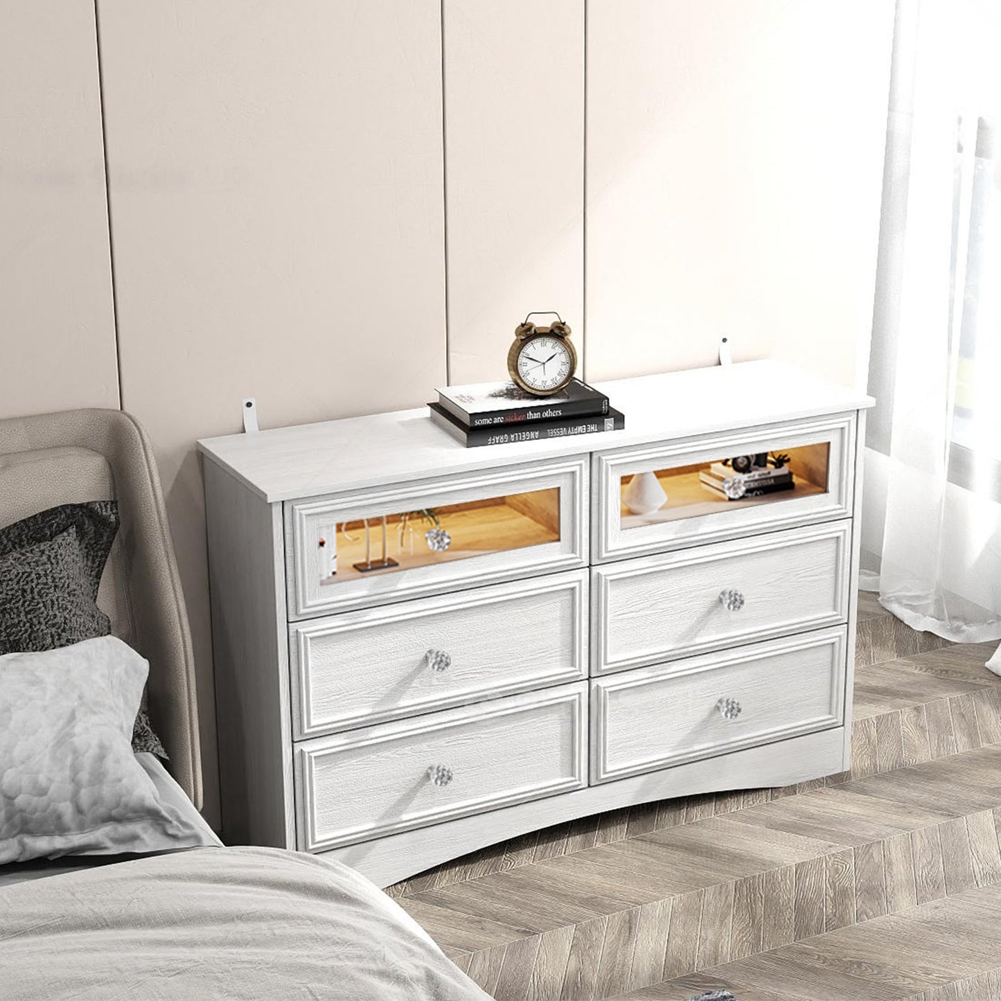 6 Drawer Gray Double Dresser with LED Lights, Modern Wood Chest of Drawers for Bedroom, Living Room