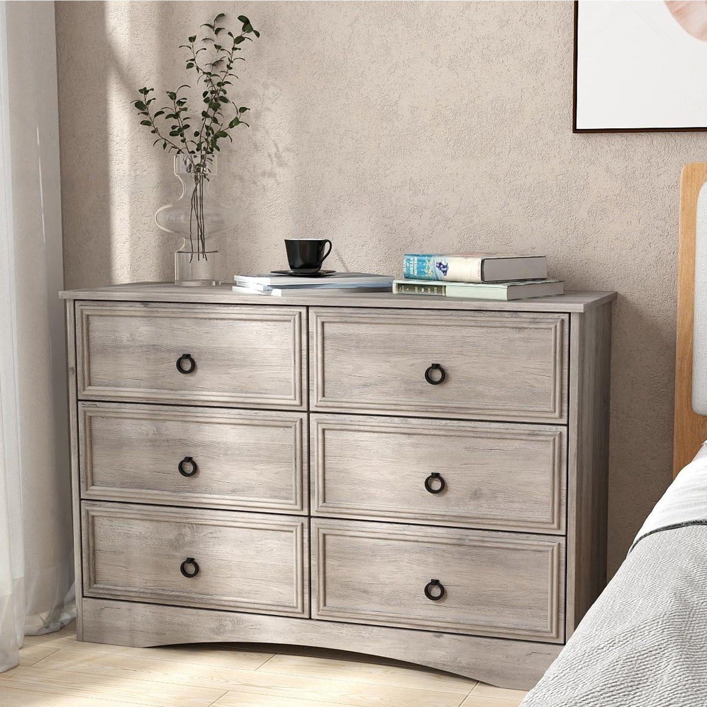 6 Drawer Gray Double Dresser, Modern Wood Chest of Drawers for Bedroom, Living Room, Closet, Hallway