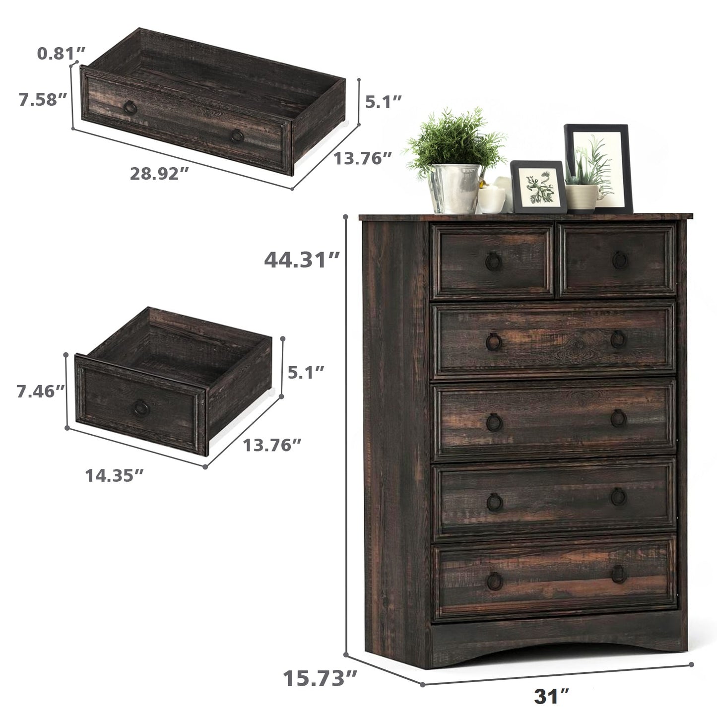 6 Drawer Dresser, Tall Chest of Drawer for Bedroom, Living Room, Hallway