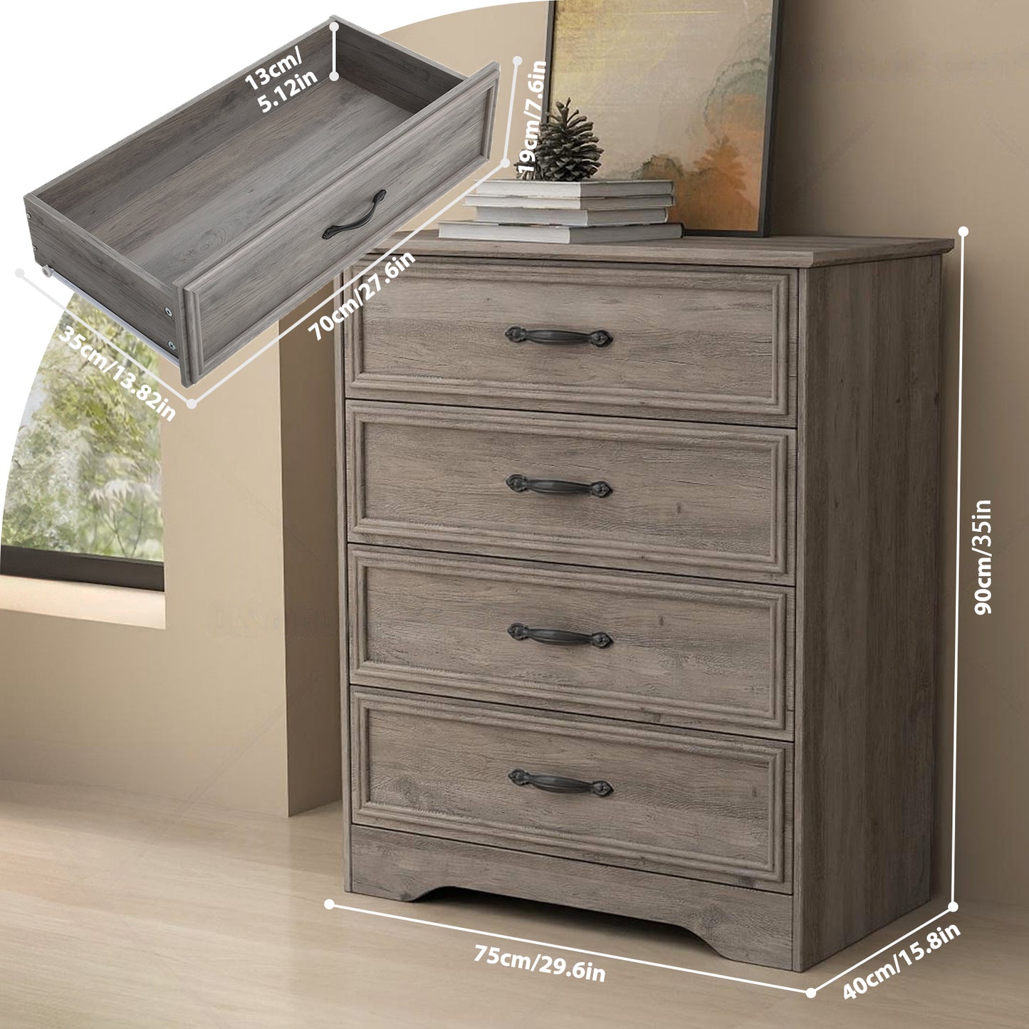 HUJAUU 4 Drawer Dresser for Bedroom, Wood Tall Chest of Drawers for Living Room, Hallway, Gray