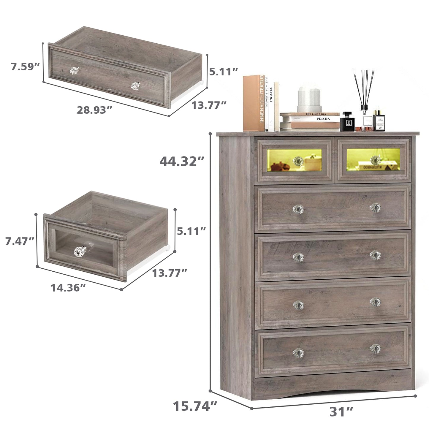 6 Drawer Dresser with LED Lights, Tall Chest of Drawer for Bedroom, Living Room, Hallway