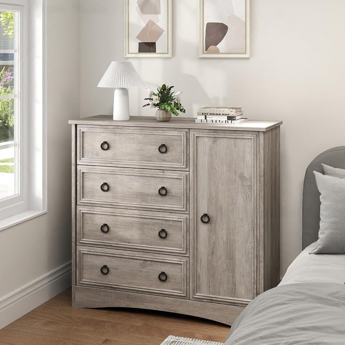 Modern 4 Drawer Dresser for Bedroom with Door, Chest of Drawers, Gray