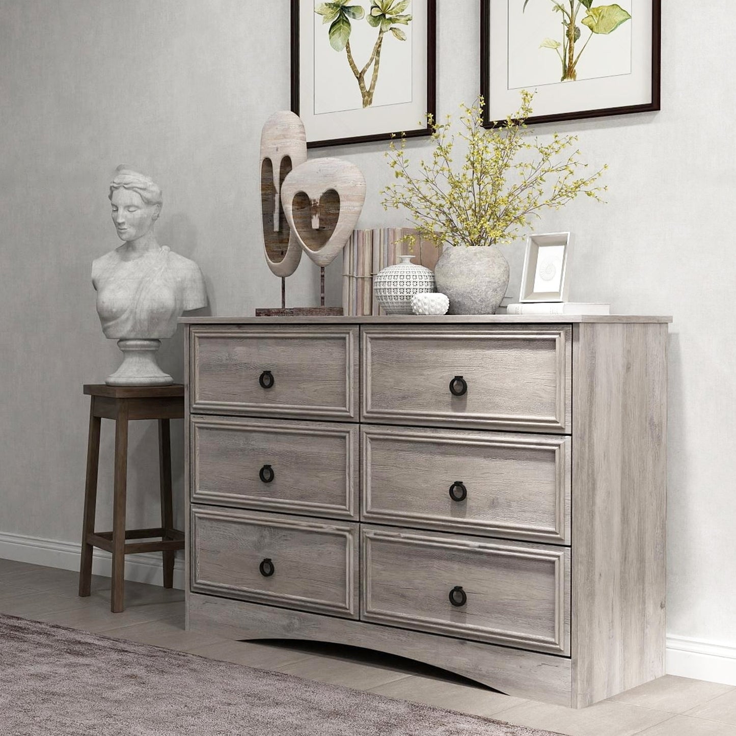 6 Drawer Gray Double Dresser, Modern Wood Chest of Drawers for Bedroom, Living Room, Closet, Hallway