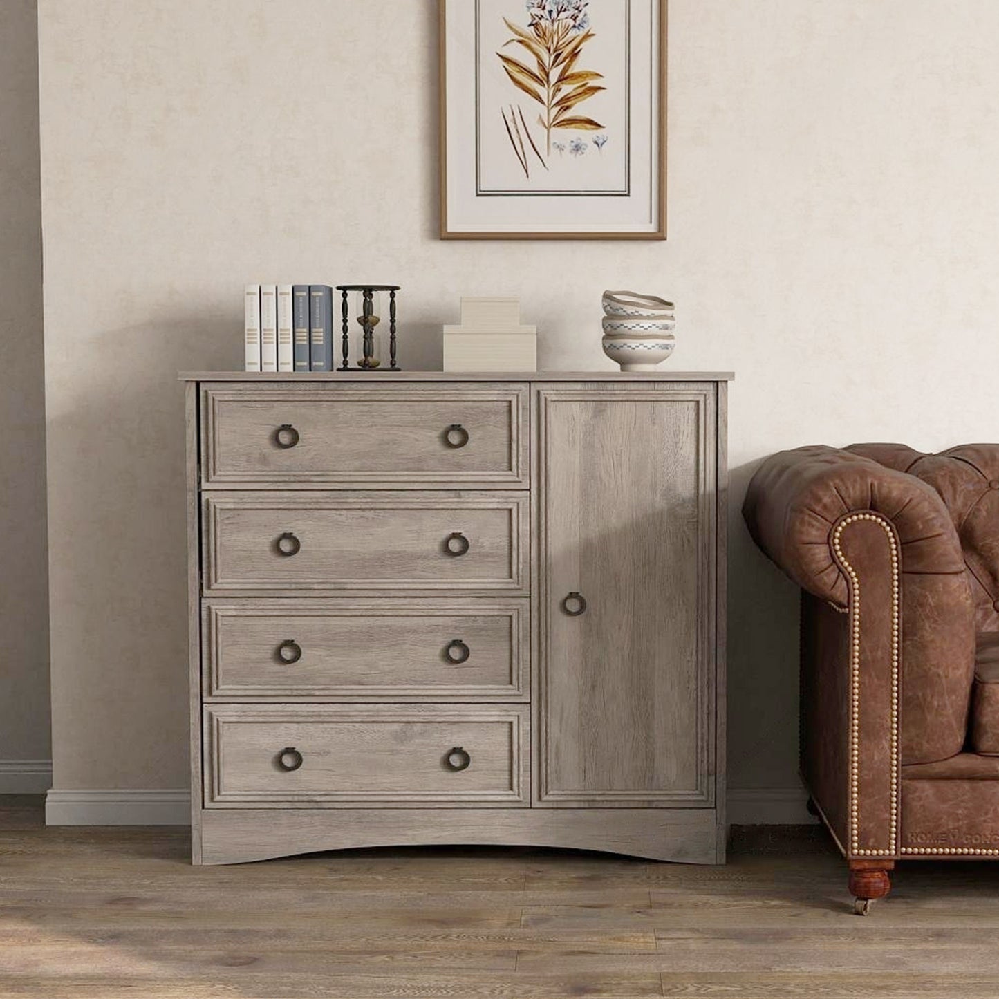 Modern 4 Drawer Dresser for Bedroom with Door, Chest of Drawers, Gray